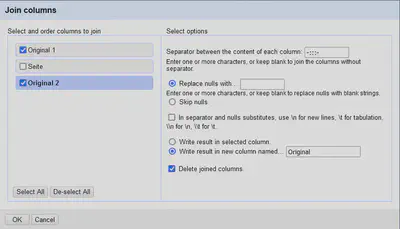 Dialog zum Zusammenführen der Spalten in OpenRefine.