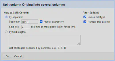 Dialog zum Aufteilen von Spalten in OpenRefine.