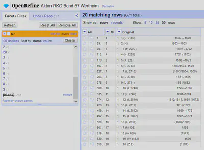 Bildschirmfoto des Facet für die Spalte Nr in OpenRefine.