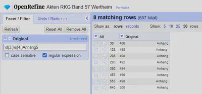 Bildschirmfoto vom Textfilter für Kopfzeilen linker Seiten in OpenRefine.