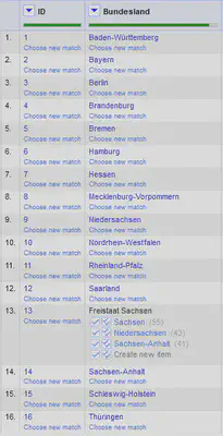 Bildschirmfoto der Oberfläche von OpenRefine mit den Reconciliation Ergebnissen für die Bundesländer.