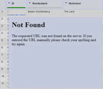 Bildschirmfoto des Maus-Hover 'Not Found' in OpenRefine.