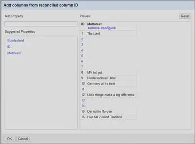 Bildschirmfoto des Reconciliation Dialogs mit dem Mottotext in OpenRefine.