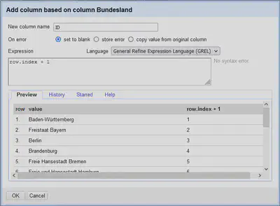 Bildschirmfoto des Spalten hinzufügen Dialogs in OpenRefine.