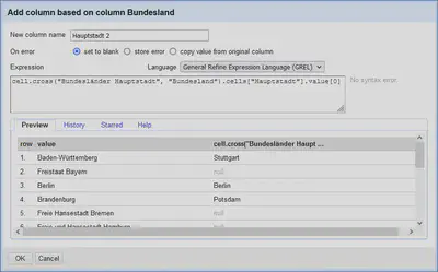 Bildschirmfoto des Spalten hinzufügen Dialogs mit cross() für die Hauptstadt in OpenRefine.