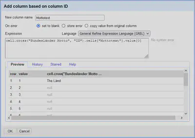 Bildschirmfoto des Spalten hinzufügen Dialogs mit cross() für den Mottotext in OpenRefine.