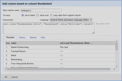 Bildschirmfoto des Spalten hinzufügen Dialogs mit cross() für den Mottotext in OpenRefine.