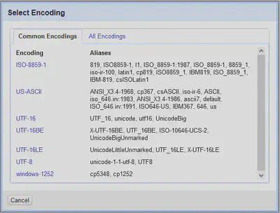 Bildschirmfoto der Optionen für das Encoding.