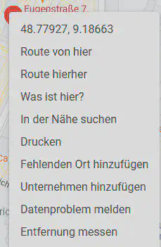 Bildschirmfoto des Kontextmenüs in Google Maps zum Kopieren von Geokoordinaten.