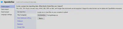 Bildschirmfoto der Dateiauswahl für neue Projekte in OpenRefine.
