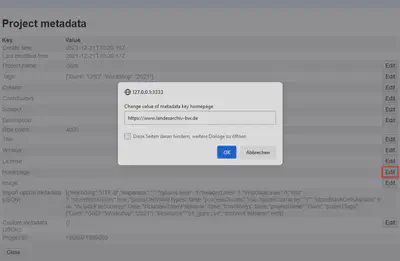 Bildschirmfoto von dem Bearbeitungsdialog der OpenRefine Projekt Metadaten.