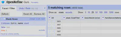 Bildschirmfoto von OpenRefine mit Blank Facet.