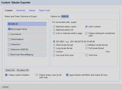 Bildschirmfoto von OpenRefine Export Einstellungen 1.