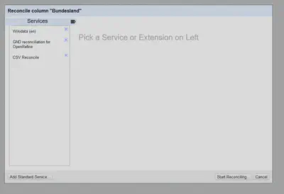 Bildschirmfoto von OpenRefine Reconciliation Services.