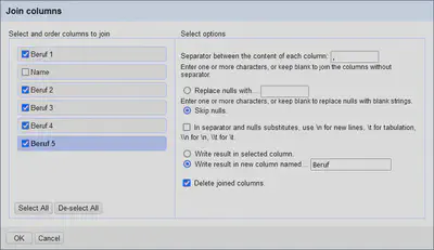 Bildschirmfoto des OpenRefine Dialogs zum Zusammenführen von Spalten.