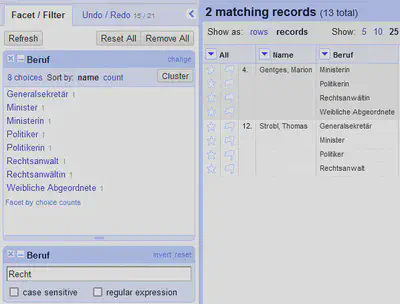 Bildschirmfoto mit einer Kombination aus Textfacet und Textfilter auf Records in OpenRefine.