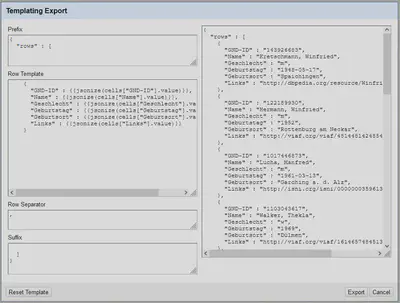 Bildschirmfoto des Templating Dialogs in OpenRefine.