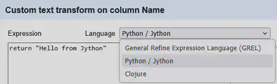 Bildschirmfoto des Transformations Dialogs mit Jython.